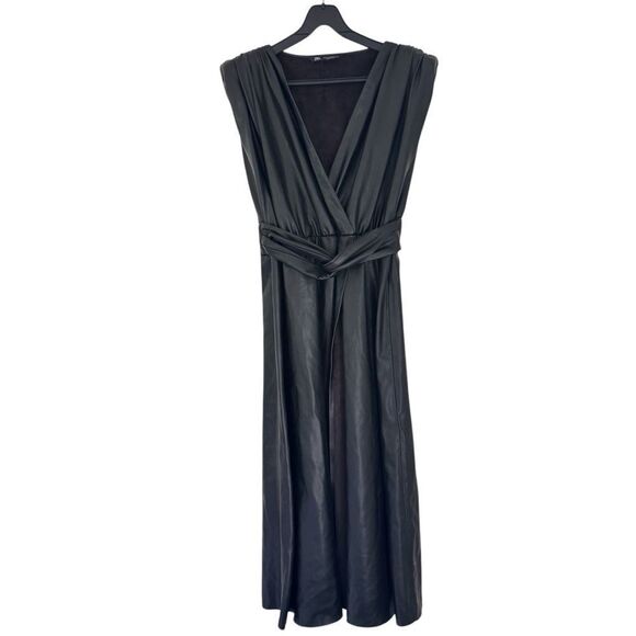 Zara Black Faux Leather Shoulder Pads Midi Dress Size Medium - Picture 1 of 6